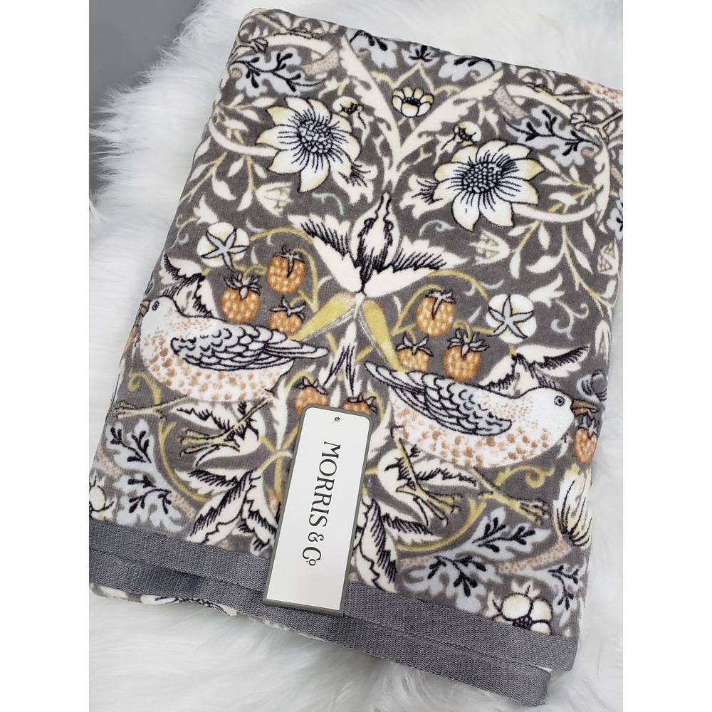 William Morris ONE CLAY STRAWBERRY THIEF BATH TOWEL Luxury Velour bird gray NEW
